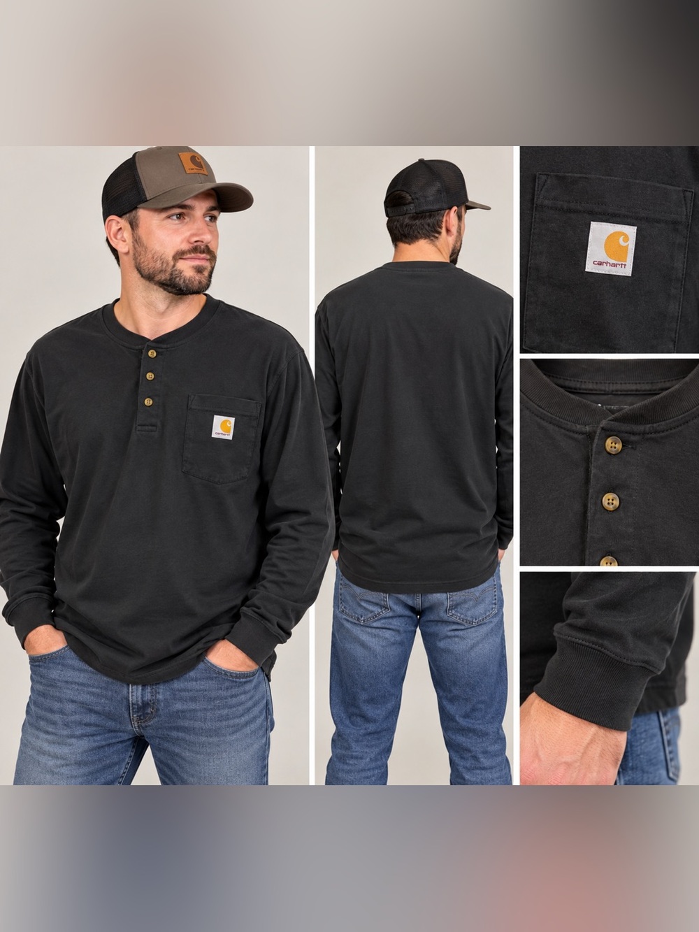 Carhartt K128 Black Long Sleeve Henley Pocket Shirt Men’s M Loose Fit